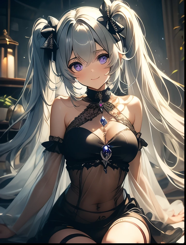(((SFW、Precision、Highest quality、A first-class masterpiece、Normal body、8k、 Detailed Face 、Ultra-precision、 Normal hand、5refer to、Highest)))、" Spirit Fantasy"、Celia Claire、Celia Claire、 Silver Hair、 twin tails、 short、 slender、Big Breasts、rolled up sheer sheer transparent dress、 sheer sheer transparent mini skirt、Navel exposed、 gentle shy blush smile、 Open Legs Sexy Poses That Make the Highlights Go Away、Chain lead slave collar、The Fall of Slaves、Fall into Darkness、 hypnotic state 、Hypnotic、 Hollow Eyes、Mysterious purple eyes、Obedience、 offer yourself、Open your mouth and serve 、glowing heart tattoo on abdomen、Slave Room、Pubic Tattoo、Shining Indecent Mark