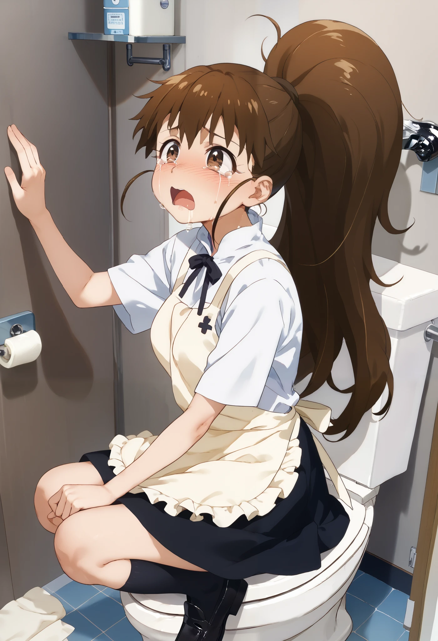 One Woman。Taneshima Poplar、 brown eyes、 brown hair 、 Ponytail、 long hair、 white shirt、 black skirt、 apron、Black socks、 Black Loafers。 men's toilet in front of the urinal。Crying face。Confined in the air