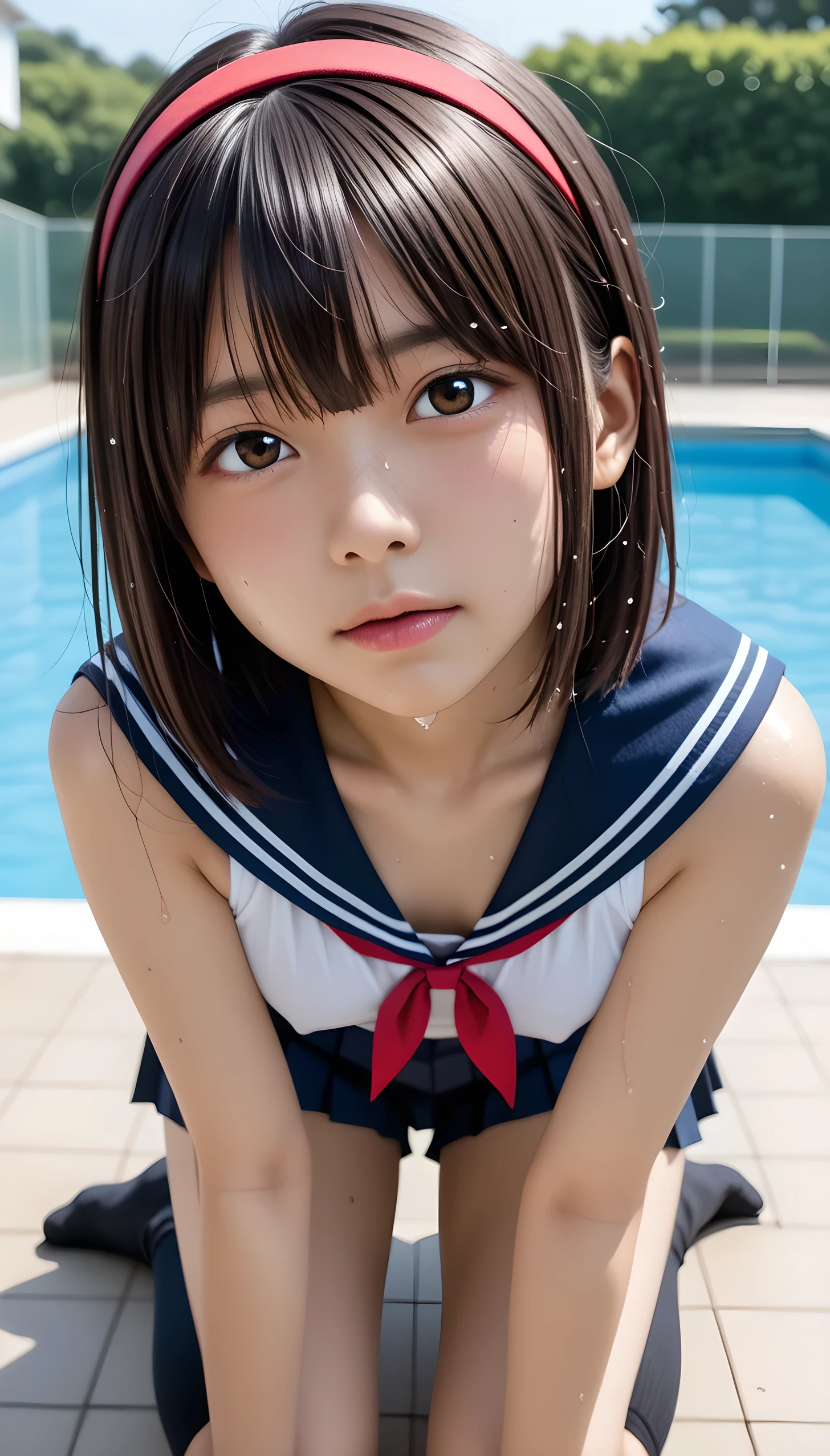  Wet 1 Japanese Female Middle School Student 、masterpiece 、  top quality  、 Super high resolution、 realistic、 beautiful lighting arranged in an orderly manner、  RAW photos 、4K Ultra HD、  super detailed face、Clear Face、Detailed eye、 beautiful eyes、(Gaze sideways)、1080P、 tan dark skin 、 black hair,   wet hair、 short bob cut , bangs、 Ponytail、 horny 、 young gravure idol who lost weight、、 red headband、 white gloves、(((Firm small breasts、Separated Breasts 、 tight breasts)))、((( viewersに近づけるようにお口を持っていきます)))、((( wet hair ))),((( blue sky)))、(((Wet Japanese Female Middle School Student 、  navy sailor color 、 with both shoulders out 、 wet pleated skirt 、 black knee socks、Wear black shorts)))、 Japanese Female Middle School Student Wearing Wet School Uniform、((small outdoor pool 、 viewersを見つめながら顔を近づけキスをする)) break ( messy bun  ) break ((( EXTREME FACE UP SHOT ,  viewers, the above ))), ((  viewersにひざまずく))、( perfect anatomy)、 break ((Upper eyelid))、((( midi skirt)))、 thin beautiful thighs 、 beautifully manicured hair 、 oily skin 、Five fingers