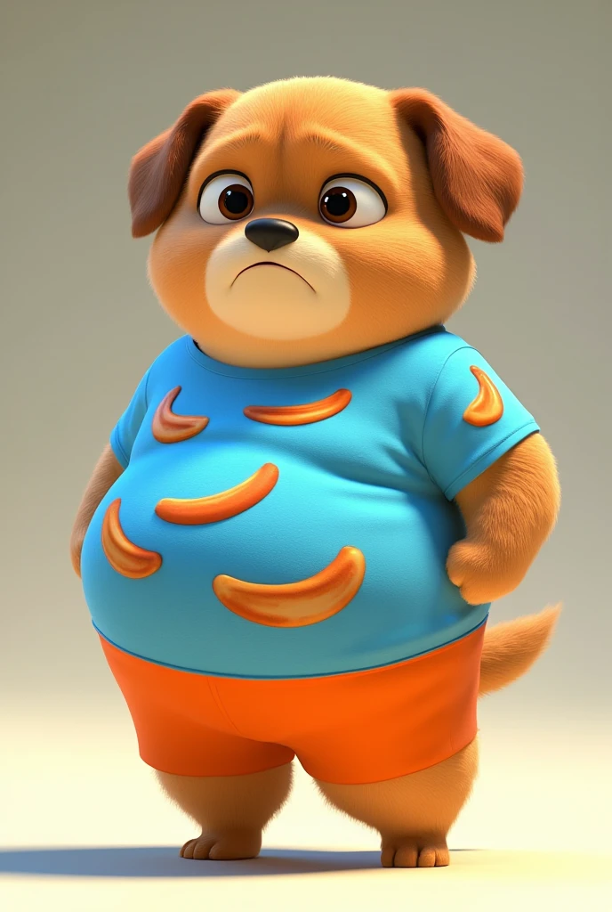 A chubby humanized puppy, very chubby,  in a funny blue t-shirt with sausage designs , Very fat orange shorts ,  I want his big belly ,  with a sad face  