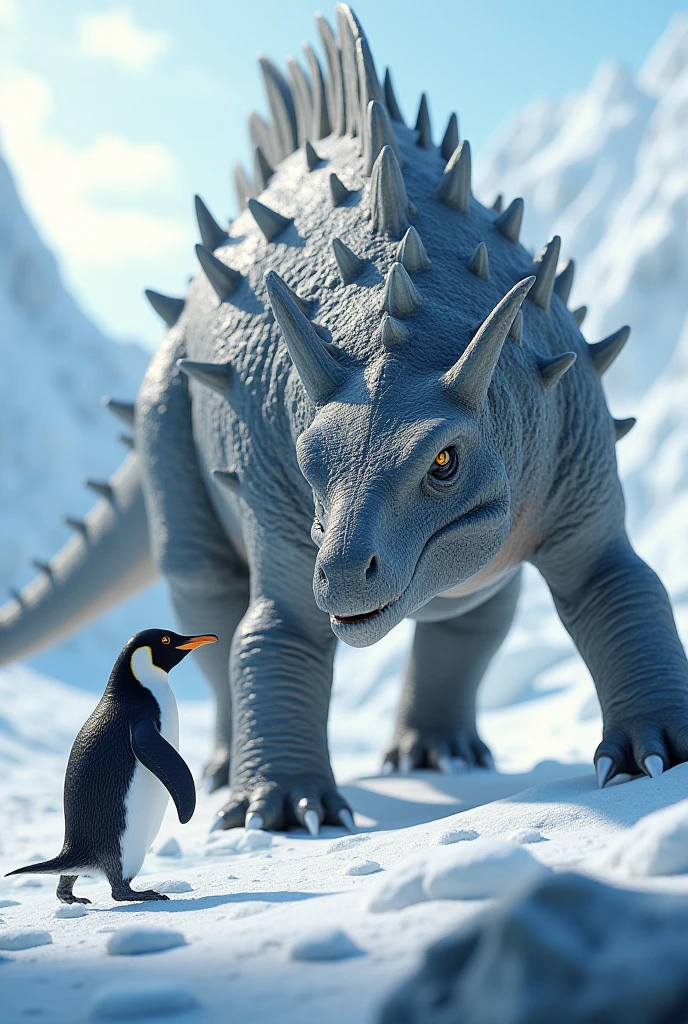A waddling penguin inspecting an Ankylosaurus, its armored body reflecting the icy surroundings.