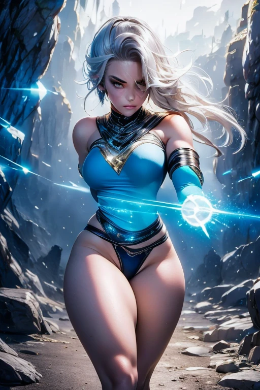 hyper realistic 4K, 8K, ultra realistic high resolution, masterpiece, detailed, solo, young beautiful Atlantean woman, curvy, grey eyes, white hair, glowing tribal face tattoo blue, silver knee-high socks with blue gems, walking sexy, silver thong, alien crystal cave 