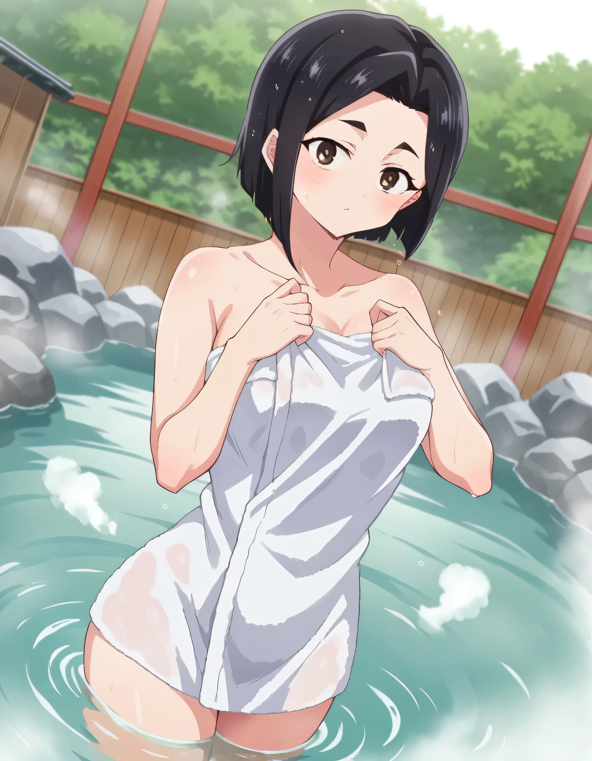 score_9, score_8_up, score_7_up, source_anime,
sanaeyamada, sanae yamada, short hair, black hair, brown eyes,
nude, naked, 
outdoors, onsen, towel, naked towel, steam, bathing, nude cover, partially submerged, water, bath, steam censor, wet towel,
looking at viewer, cowboy shot, dutch angle, solo,