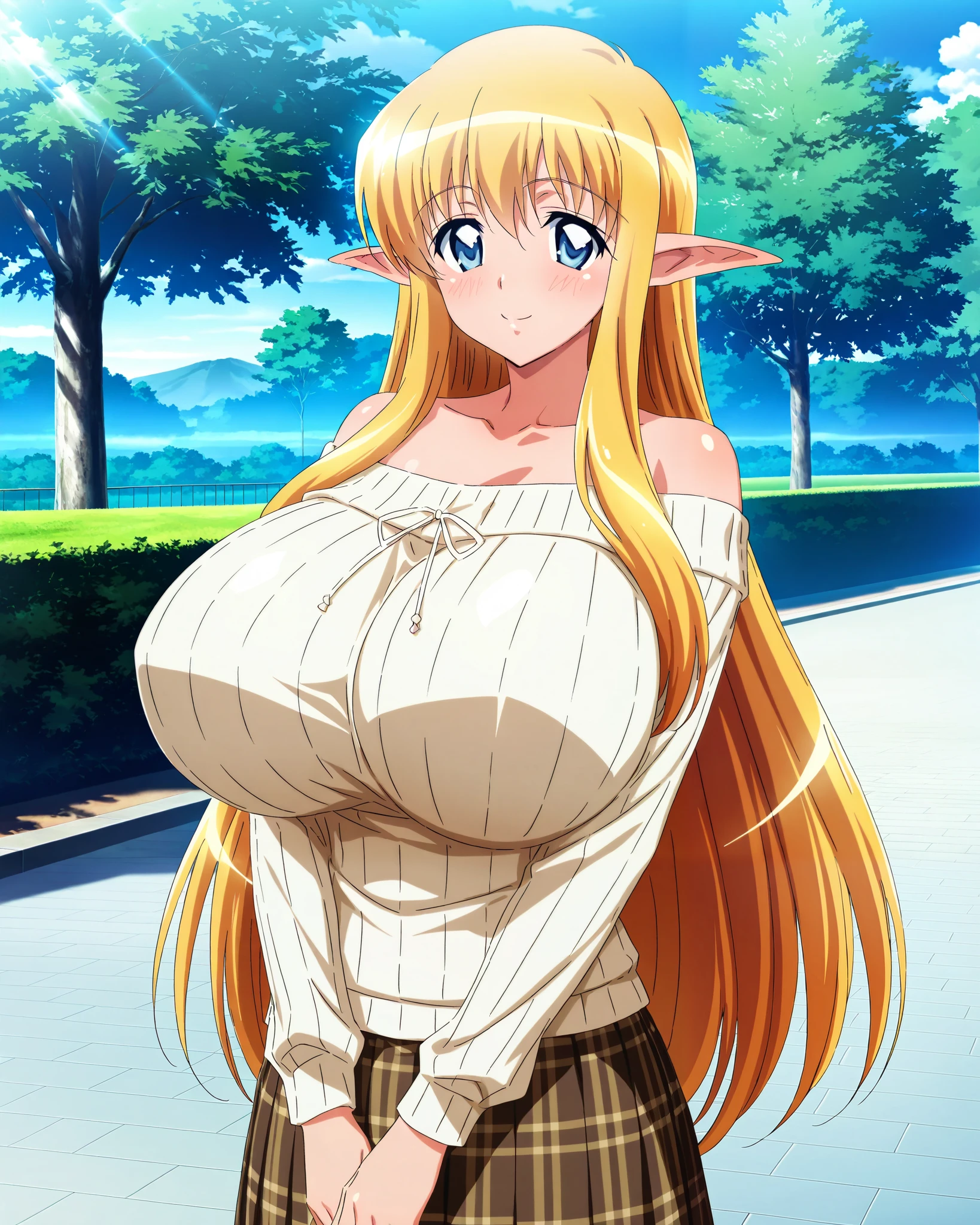 score_9, score_8_up, score_7_up, source_anime, anime coloring, anime screencap, 1 girl, alone, Tiffania Westwood (zero no tsukaima), elf, blonde hair, blue eyes, sweet smile, white beautiful skin, standing, looking at viewer, slim body, cowboy shot, gigantic breasts, collarbone, long sleeves, off-shoulder ribbed shirt, beige shirt, pleated brown plaid skirt, long skirt, outdoors, sunny day, beautiful sky, at the park