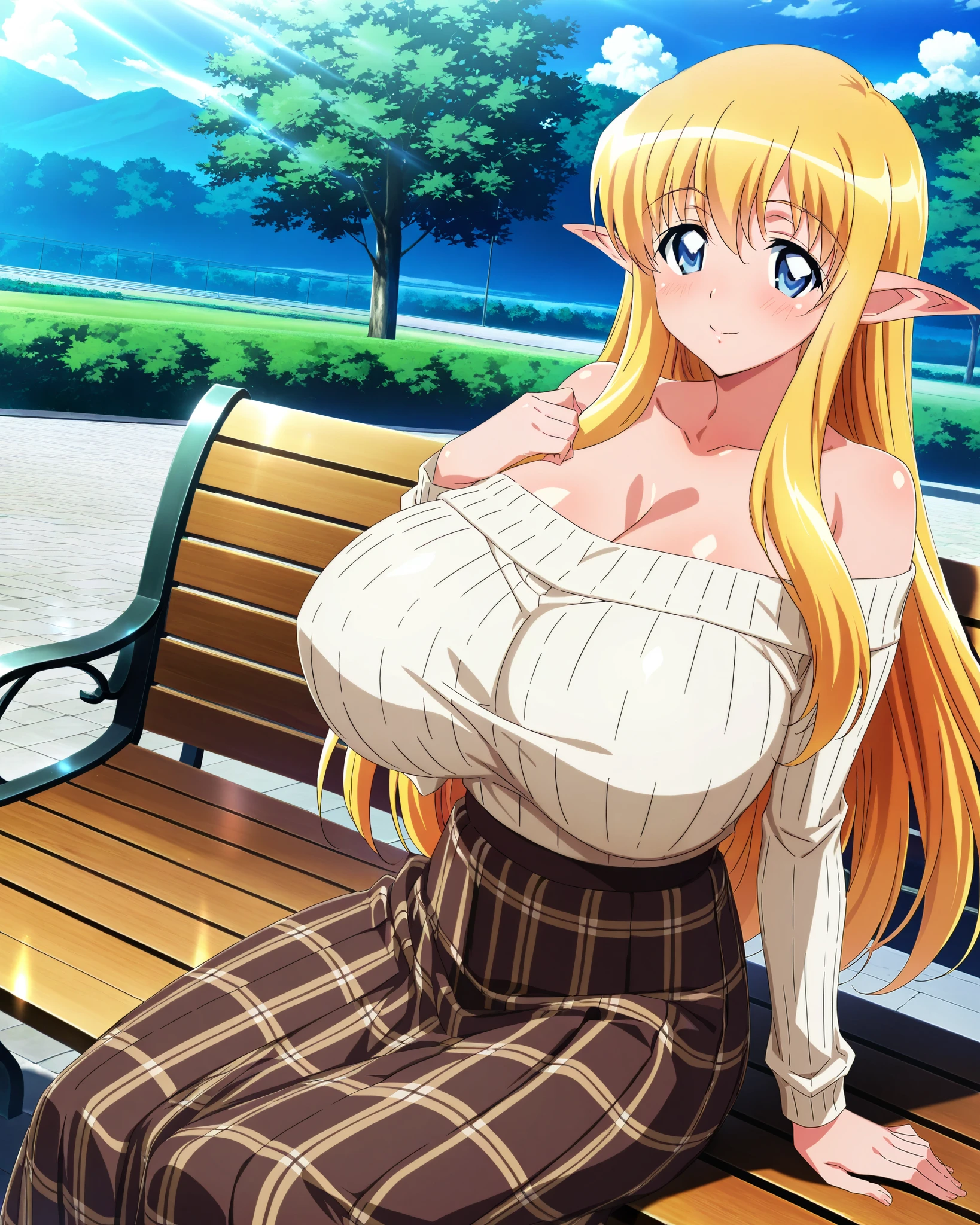 score_9, score_8_up, score_7_up, source_anime, anime coloring, anime screencap, 1 girl, alone, Tiffania Westwood (zero no tsukaima), elf, blonde hair, blue eyes, sweet smile, white beautiful skin, sitting on bench, looking at viewer, slim body, cowboy shot, gigantic breasts, collarbone, long sleeves, off-shoulder ribbed shirt, beige shirt, pleated brown plaid skirt, long skirt, outdoors, sunny day, beautiful sky, at the park