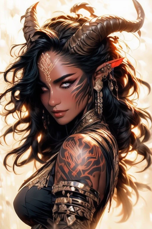 score_9, score_8_up, score_7_up,
KRKNK, 1girl, portrait, beautiful, tiefling shaman, black hair, (long hair:1.3), side bangs, horns, barbarian, gladiator, war paint, tribal markings, long tail, blue skin, red lips, red eyes, glowing eyes, (smug:0.85), dramatic lights, detailed