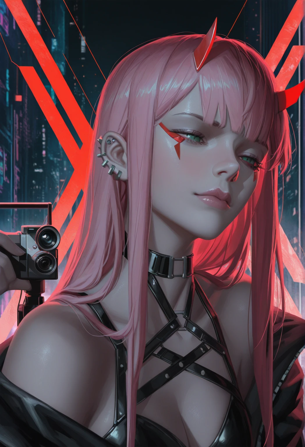  anime girl image:1.4,  a close up of Zero Two, Darling in the Franxx,  squinting eyes looking at the camera,  with long false eyelashes  ,  the head tilted slightly upwards  , With several piercings ;1,3 ,  wears black leather clothing with crosses like rings and piercings all over her ear , ,  shows a bare shoulder with blood  , Dark background,  cyberpunk art inspired by Yanjun Cheng  ,  trend on CGSociety , Gothic art, hyper-realistic  cyberpunk style  , cyberpunk art style,  cyberpunk style  ，  hyperrealistic,  beautiful face of a cyberpunk girl  ,  artwork in the style of guweiz  , Cyberpunk themed art  , ross drawings 1  . 0,  ross drawings 2  . 0