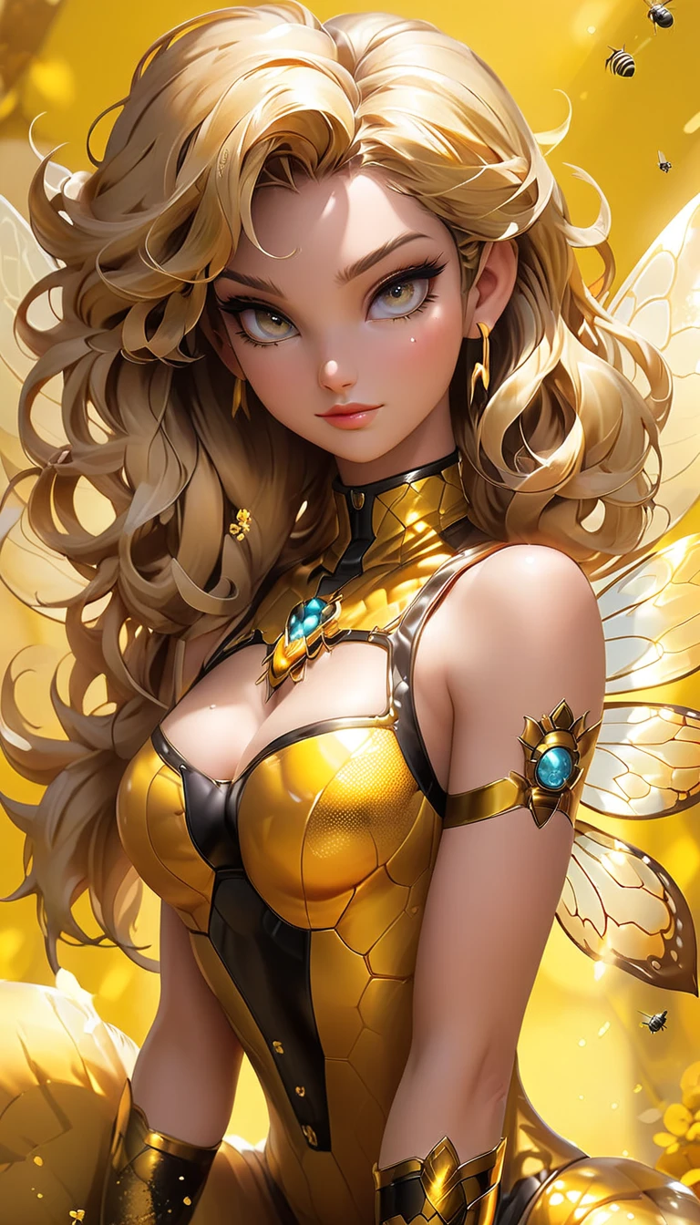 stunning and seductive pin-up style illustration in the spirit of anime, featuring a confident and curvaceous bee-girl with blonde hair and a unique twist. Emphasize her powerful physique, with muscular thighs and a toned abdomen, accentuated by her animal-themed outfit. Her most striking features include her voluminous blonde hair, glowing with golden highlights, and her large, captivating blue eyes. Imagine her posing seductively, showcasing her ample assets, including her prominent breasts and thick thighs, while donning a creative blend of bee-inspired attire, perhaps with translucent wings and a playful stinger. The color palette should be warm and inviting, with soft golden hues and pops of amber and yellow, reflecting the essence of honey and sunshine. The lighting should be soft and flattering, creating a dreamy and ethereal atmosphere. This bee-girl embodies both strength and sensuality, captivating viewers with her unique blend of animalistic charm and anime allure."