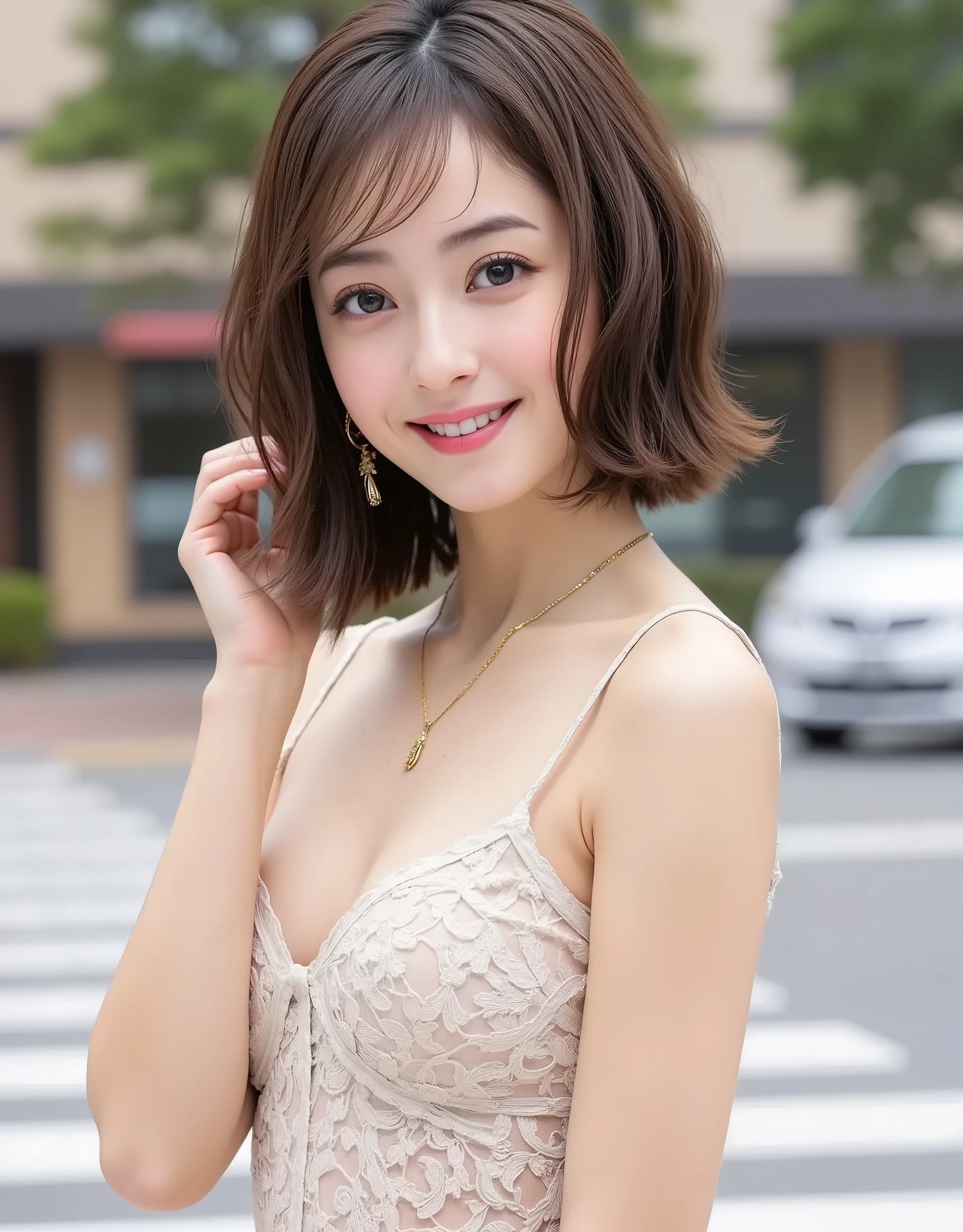 NSFW, (Highest quality), (Ultra-precise CG 16K wallpaper), (Realistic: 1.6), (High saturation), (Sharp), Beautiful detailed shading, Beautiful natural lighting, Beautiful detailed glow, Bright sunlight in the daytime, Natural light, Depth of field, (Mature 24 year old woman, One person: 1.6), (Very beautiful Japanese face), (Sasaki Nozomi), (Soft wavy short bob hair, bangs: 1.6), (Shiny black hair), (Sparkling eyes), (C cup size breasts, cleavage, slim thighs: 1.6), (Beautiful breasts), (Beautiful legs), (Beautiful skin), Beautiful proportions, (Smile: 1.1), (Looking at me: 1.6), (Wearing a cream ivory lace-up mini dress: 1.6), (Wearing a necklace), (Fashion model pose: 1.6), (Downtown, intersection), (Full screen image:1.6), (shot from head to thigh:1.6), (image of a woman seen from three-quarters front:1.6), (woman standing at an intersection:1.6),