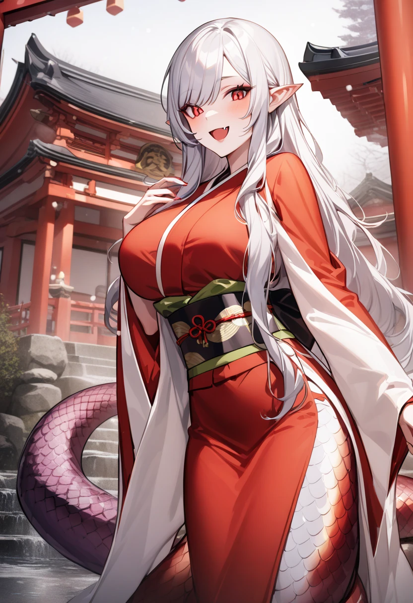 Best quality,recent,solo woman,long hair,large breast,wearling sexy kimono,Lam1a, scales,white snake tail, lamia,pointy ears,red slit pupils,smile,fang,japanese shrine,winter