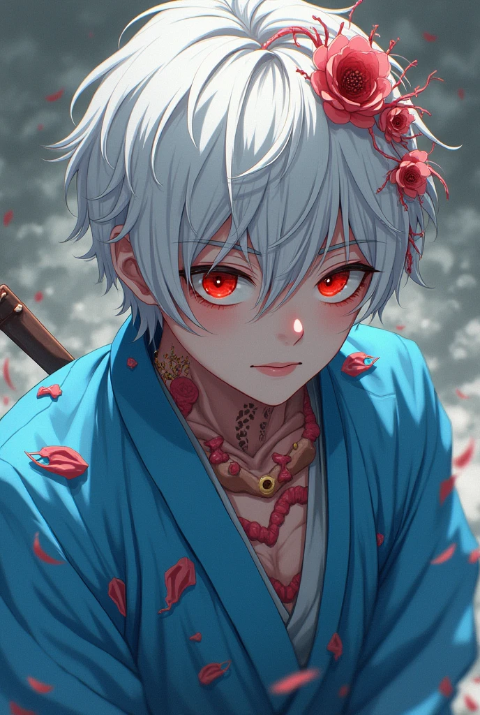 White red blue purple haired boy with Orange yellow and red eyes, white Green Cyan coloured kimono with white skin  