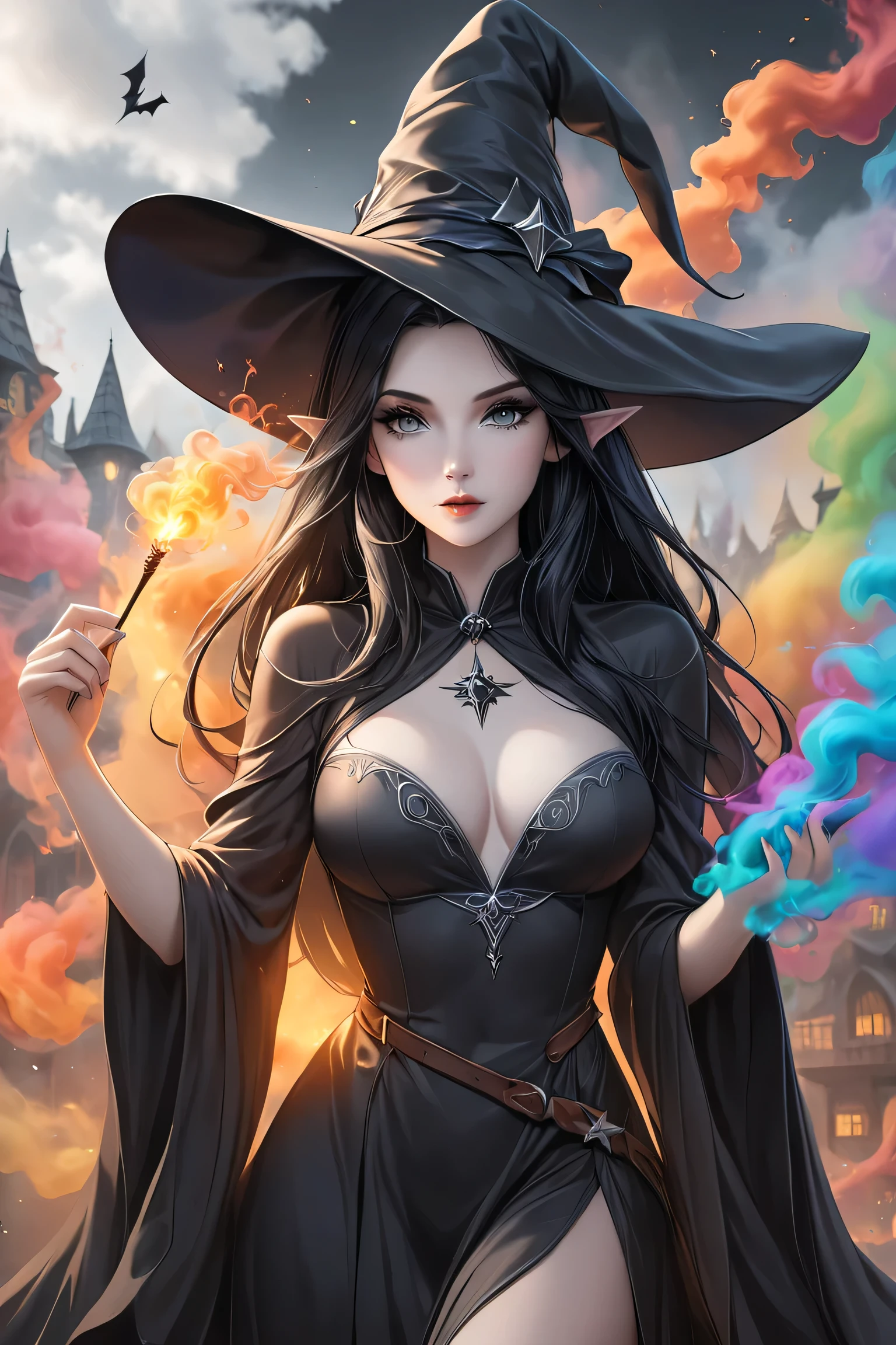 Mulher mais velha nua, na casa dos 30 anos, com cabelo roxo longo e corpo alto e cheio de curvas, de costas, seios grandes, bunda, (obra de arte, Melhor qualidade:1.2) , nu, Big witch hat, seios grandes, Sozinho, soft lighting, obra de arte, Melhor qualidade, intrincado, (Lens reflection: 0.7), (flowering: 0.7), Particle Effects, rastreamento de raio, Mapeamento de tons, altamente detalhado, arte conceitual, suave, sharp focus, dramatic lighting, altamente detalhado art, cinematic, hyper-realista painting, trends on Artstation, 8k, amazing shadows, realista, (altamente detalhado background: 1.2), arte no meio da viagem, seios grandes, big breasts
