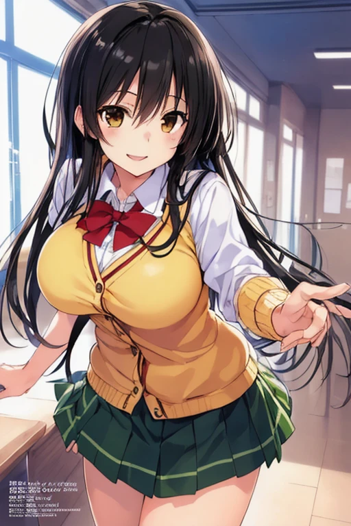 Best Quality, masutepiece, Portrait, , 1girl in, Kotegawa Yui, Black hair, Long hair, Long bangs, Brown eyes, Large breasts, Yellow Uniform, Pleated skirt, crass room, Looking at Viewer, Smile,Photo from below、a miniskirt、Red panties