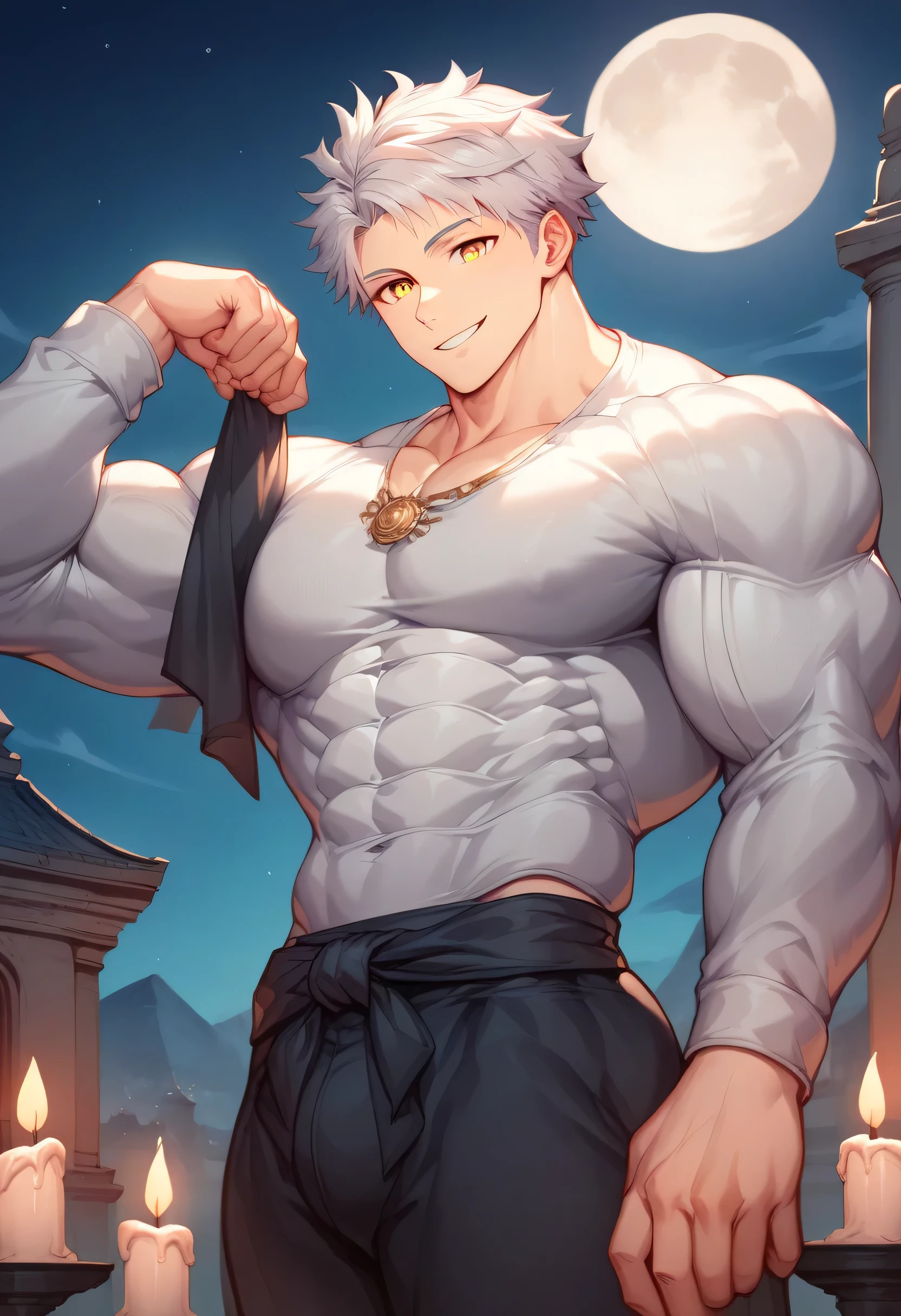 score_9, score_8_up, score_7_up, score_6_up, 1boy, solo, straight hair, short hair, White-silver hair, goldeng eyes, muscular, gigachad, ornament white shirt long sleeves with loose sleeves, loose black cloth pants, greek temple, standing, looking at viewer, smile, lit candles, night, full moon.