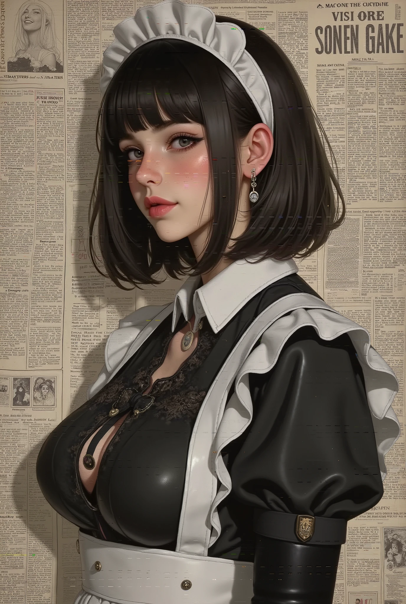 Famous Paintings、 top quality、woman、Freckles、 Short Bob Black Hair、bangs、I can see my teeth being straightened with a smile、 profile、 upper body、 maid clothes 、 headband、Eye patch、 moderate bust、 facing the front