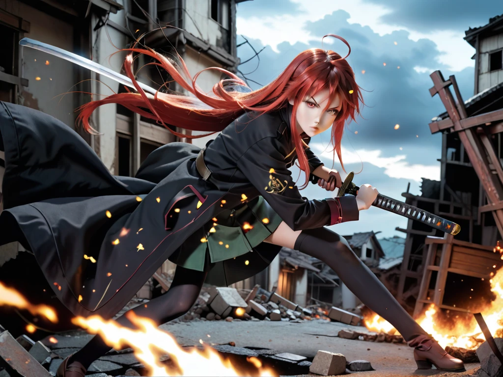 1 girl, cowboy shot, rubble ruins,a little anger, (battle preparation:1.2), open your mouth, (night:1.2), explosive inflammation,shana, red eyes, redhead, very long hair, hair between eyes, (Ahoge:1.1), explosive flame,abandoned building,rubble serafuku, green skirt, Thighhighs,long Japanese sword wrapped in flames..,highest quality, masterpiece, High resolution, black long coat,
shana, red eyes, red hair, very long hair, hair between eyes, ahoge),  score_9, score_8_up, score_7_up, source_anime, Swing a japannse sword with both hands ,(photo realistic:1.4),(realistic skin:1.4),photo realistic,Holding a Japanese sword with both hands,Battoujutsu,Put your hand on the pattern of a
 Japanese sword,A giant Japanese sword with a black handle,Sparks dance in the dark,Burning Sky , a long Japanese sword with black handle,(holding (katana sword:1.2)), (blade shimmering), Late Night,Japanese sword without scabbard,Point the blade upwards,