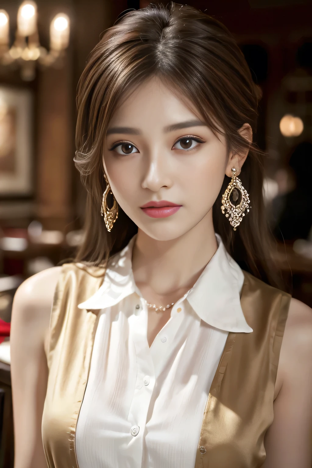 masterpiece, Highest quality, Realistic, Very detailed, Finer details, High resolution, 8k wallpaper, One beautiful woman, Wear a pretty colored silk shirt, In a great restaurant, At night, Light brown messy hair, Perfect dynamic composition, Beautiful and beautiful eyes、Big earrings、chest、Sleeveless shirt、