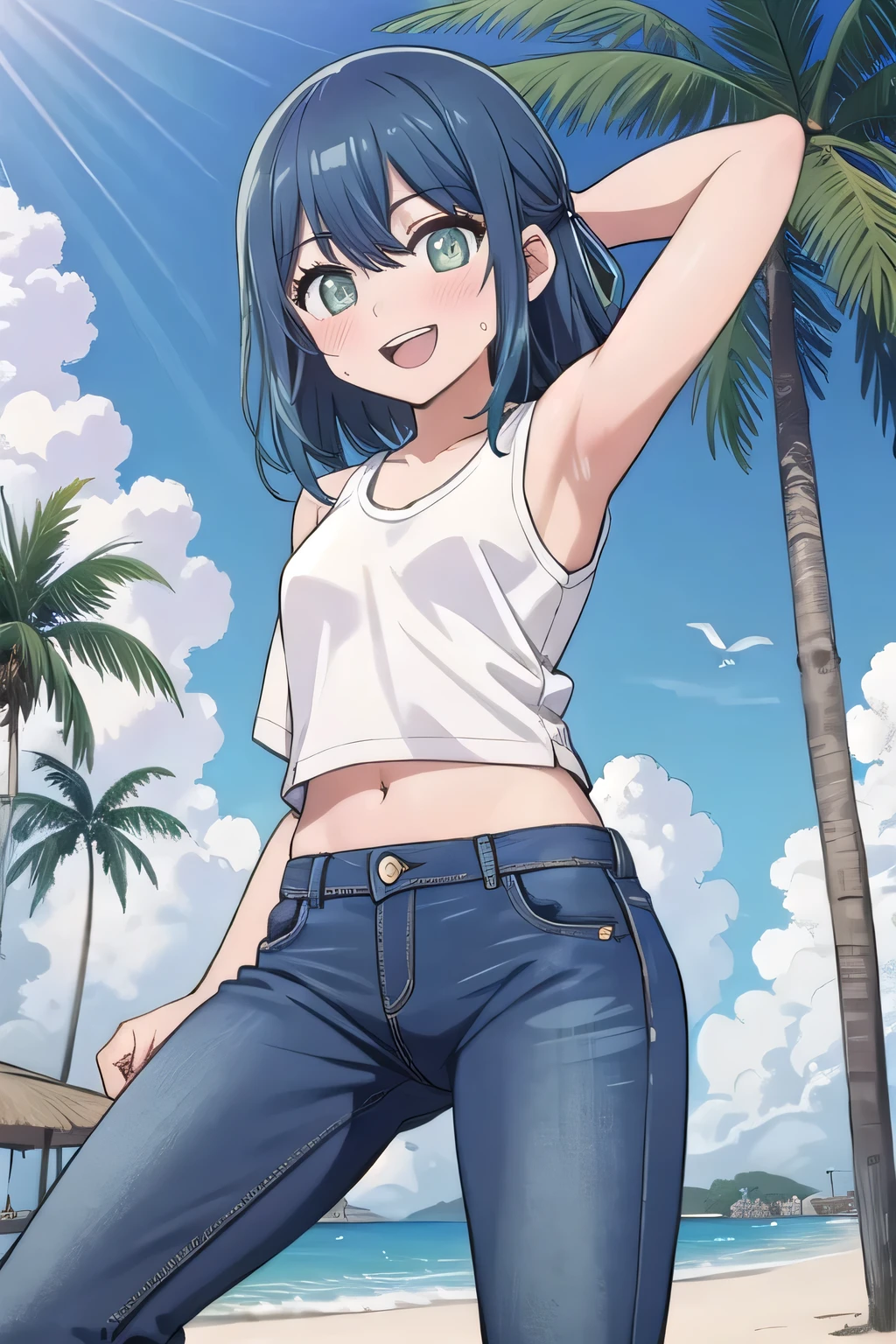 masterpiece,best quality,ultra detail,1girl, 14yo, petite, ((round face, ecstasy, orgasm face, drooping eyes, shame smiling, blush)), dropping eyes, sleepy, background((under the beach, (day:1.2), palm tree, bright sky)), akane kurokawa, bangs, (green eyes:1.3), blue hair, medium hair, dark blue hair, arms behind head, contrapposto, spread armpits, looking at viewer,, (white tank top:1.2), (white crop top:1.2), (jeans pants:1.2, flares jeans:1.2, skinny jeans:1.2, blue jeans:1.2), standing, (legs spread:1.2), sex pose, Sweaty crotch, Steam from the crotch, from below, full medium body