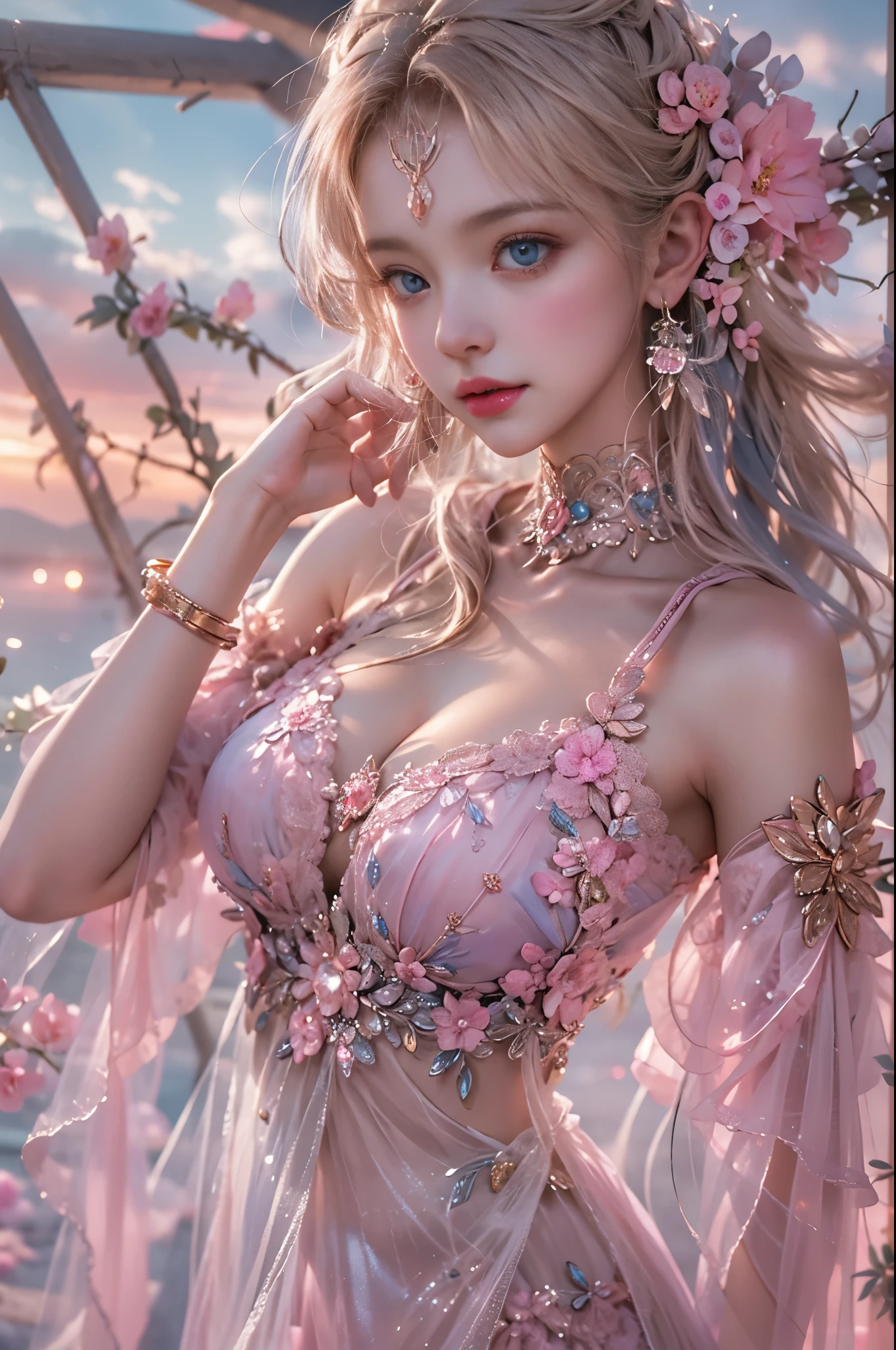 tmasterpiece，Highest image quality，super detailing，Best quality at best ,Extremely Delicately Beautiful, Very meticulous,Best quality at best, offcial art, extremely detaild的 CG unified 8k wallpapers, portrait photo of, The most beautiful look，blond hair blue eyes，Radiant skin and radiant eyes, pretty skin,(Detailed lighting:1.2), (Beautiful and detailed light:1.3), deep understanding, beautiful nude color, iintricate, digitial painting, smooth private parts, Focus sharp, The end of the world, Epic reality,looking at the camera in， (HighDynamicRange:1.4),facing at the camera， (pastel colour:1.4), Beautiful big breasts，The end of the world的, giving up, com cores neutras, natta, Screen space refraction, (Complicated details, ultra - detailed:1.3), art  stations, Cinema lenses, vignet, the complex background, buliding，Enchanted smile，face flushed，the shy，detailed back ground，（Various colors of dream catcher earrings missing color，cyan colors，in pink，purpleish color，red colour，blue colors，orange colors，green color，black in color，），sexy and sultry，（Obscenity exposed，Camel toes，Sort out your darkness, Bushy hair，），The sexiest look，（Beautifulcollarbone，），Ultrathin，Lace，semi transparent，（black in colorsemi transparentLace花卉印花扭纹编织比基尼，），