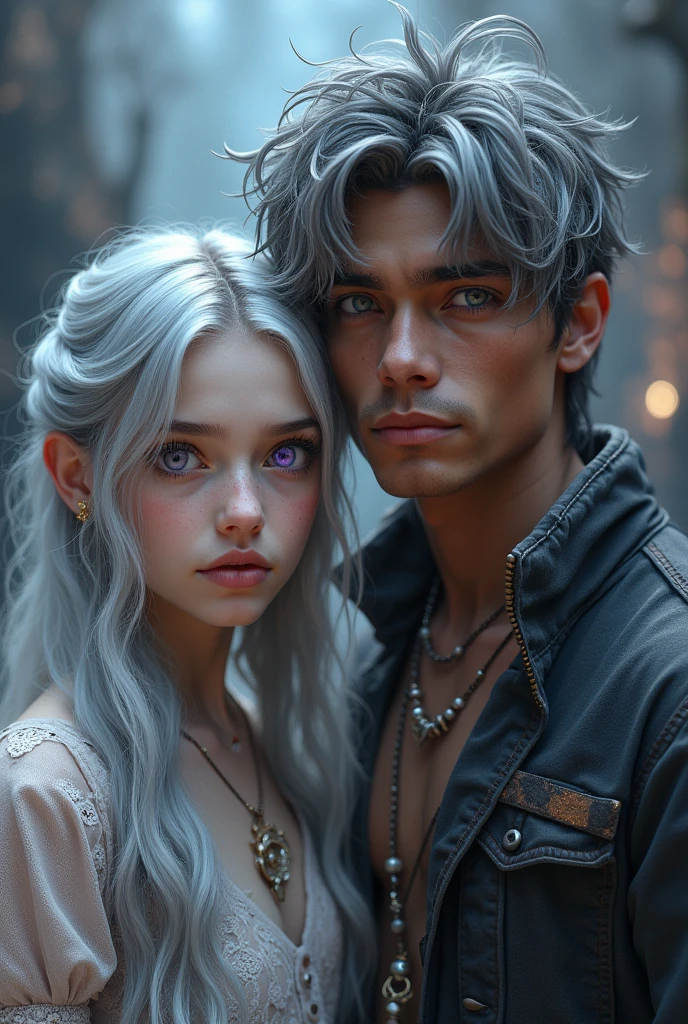 Chained golden white haired girl with honey colored eyes in dirty medieval clothes in a cell At his side a man with purple hair.