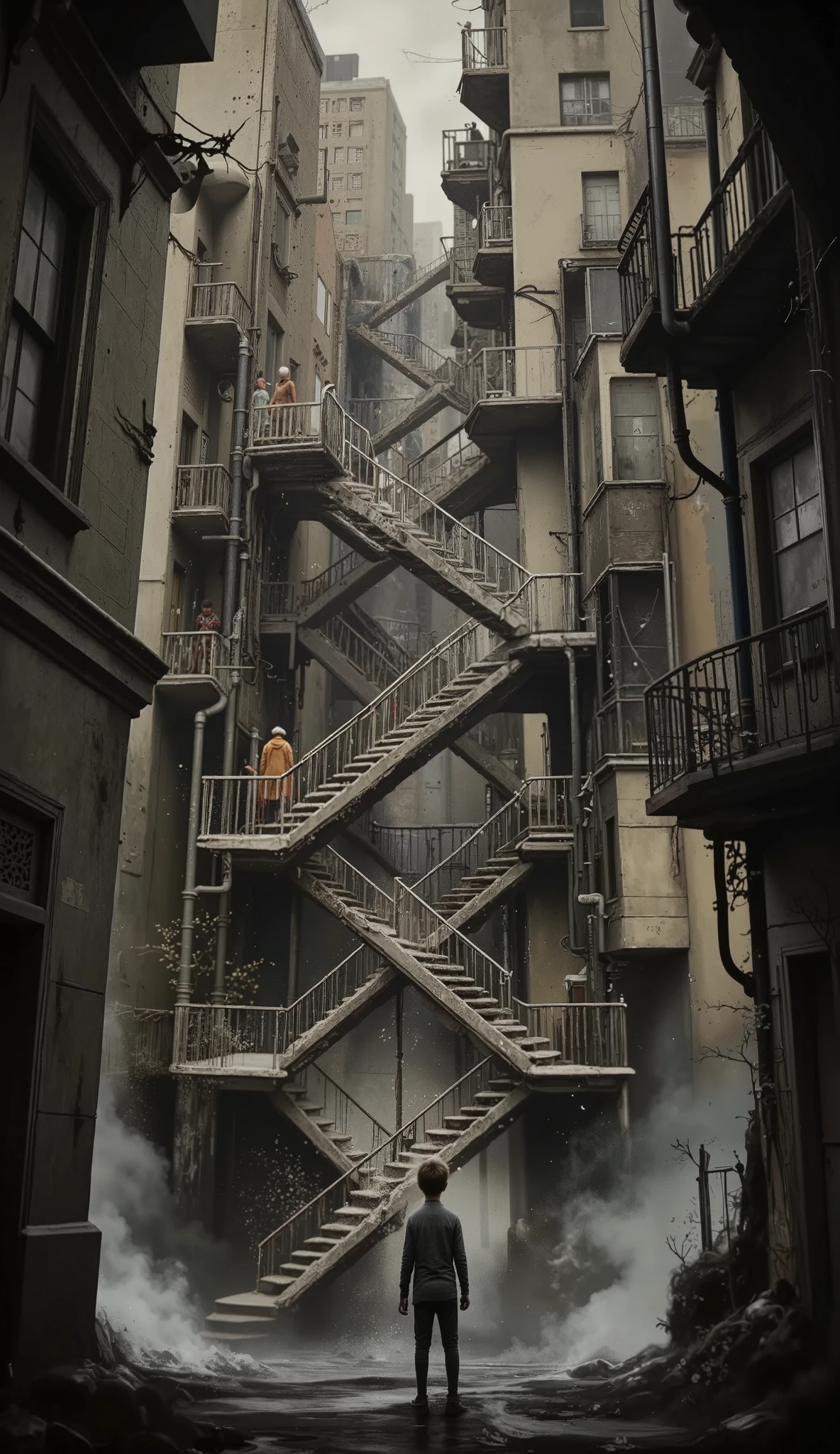 a young boy steps outside up to find his city has transformed into a hive of stairs, pipes and walkways leading in impossible angles in all directions, rising up in a dark webwork connecting many towering buildings, thousands of doorways and hallways, a massive vertical and horizontal maze, evoking imagery in the style of M.C.Escher and Terry GIlliam, photorealistic, best quality, atmospheric, a masterpiece, epic, stunning, dramatic 3D Game Cinematic Feel, Epic 3D Videogame Graphics, Intricately Detailed, 8K Resolution, Dynamic Lighting, Unreal Engine 5, CryEngine, Trending on ArtStation, HDR, 3D Masterpiece, Unity Render, Perfect Composition