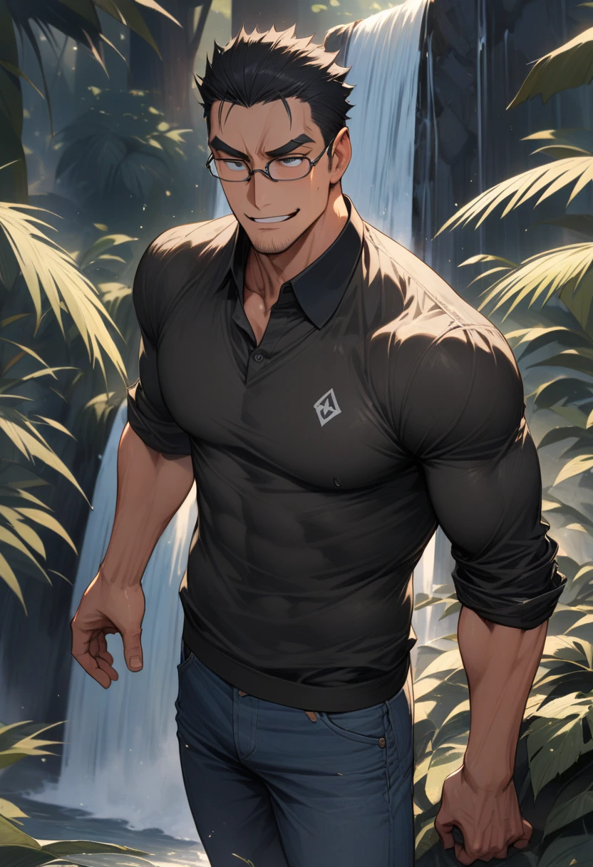 adult man, Very Handsome Male Anime Character, (Black-rimmed glasses:1.3), Short black hair, Thick eyebrows, Black Eyes , Short haircut, parted lips , frowning face, Durable face, stand, point to waterfall, polo shirt, jeans, cardigan, smart casual, masterpiece, (16K), HD, Various facial details, detailed background, very detailed, dynamic poses, Eyes details, high resolution, high quality, correct anatomy smile, elegant demeanor, in the jungle, solo, 1boy, fullbody picture