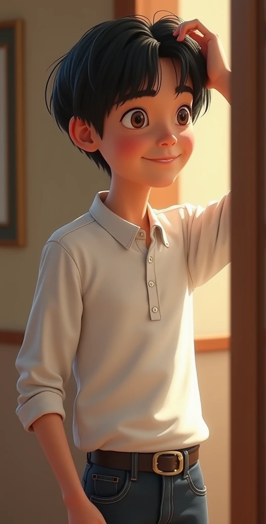 A realistic picture of a seven-year-old boy, He wears a red chemise . His face is childish and exploratory . He goes out cautiously into the garden of the house and finds a small cat among the bushes and touches it cautiously ,Without facing the camera, 