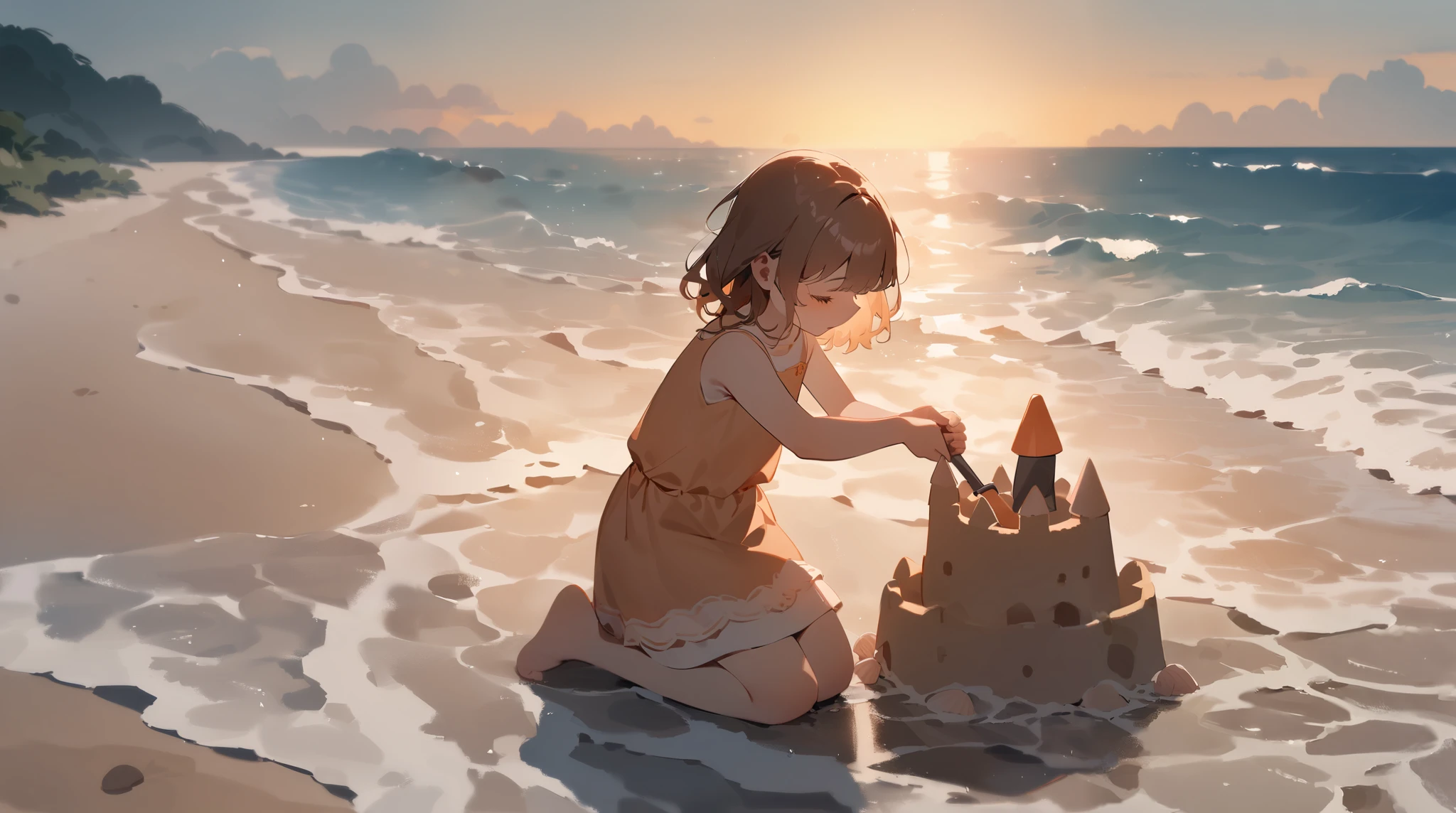 young girl on the beach, making sandcastle, realistic image, hyper HD, --auto --s2