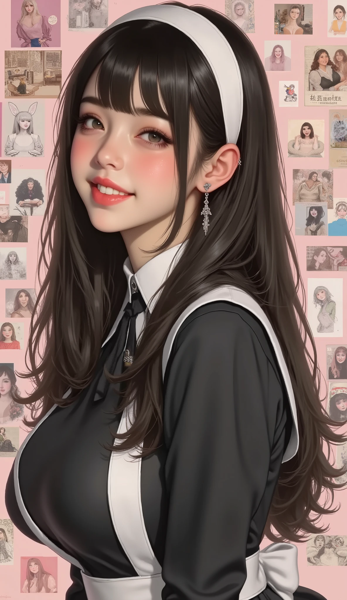 Famous Paintings、 top quality、woman、Freckles、 Twin Tails Black Hair 、bangs、I can see my teeth being straightened with a smile、 profile、 upper body、 maid clothes 、 headband、 moderate bust、 facing the front、pastel collage background、