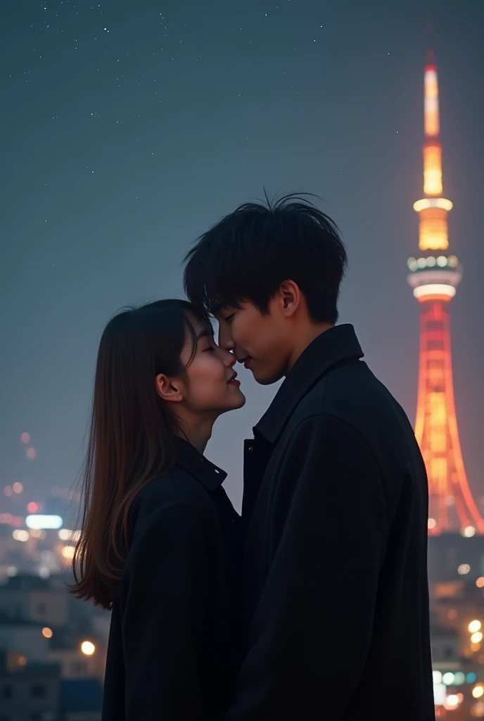They kiss on the street at night, couple kissing, kissing together cutely, couple, Kissing, couple pose, kissing together, double exposure of love, They are in love, 35mm —W 1920 —H 1080, lovely kiss, Ruan Jia and Fenghua Zhong, In love, cute couple, shaxi