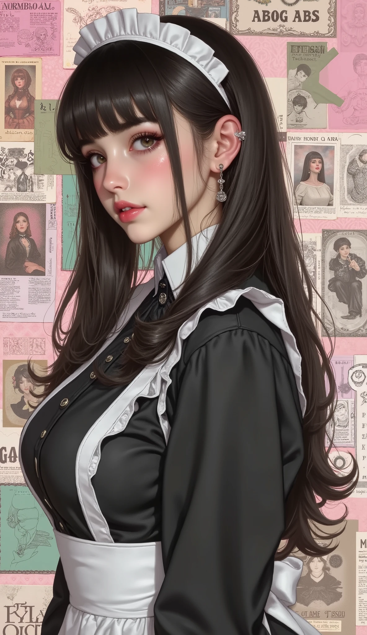 Famous Paintings、 top quality、woman、Freckles、 Twin Tails Black Hair 、bangs、I can see my teeth being straightened with a smile、 profile、 upper body、 maid clothes 、 headband、Eye patch、big bust 、 facing the front、front、solo、 pastel collage image background、