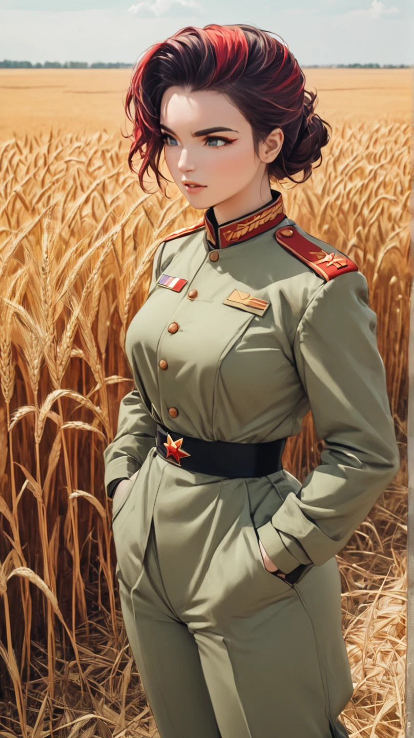 1girl, hortyunderscore, dark hair with red root, standing, glorious style, soviet propaganda style, wheat field in the background, green soviet uniform, NSFW