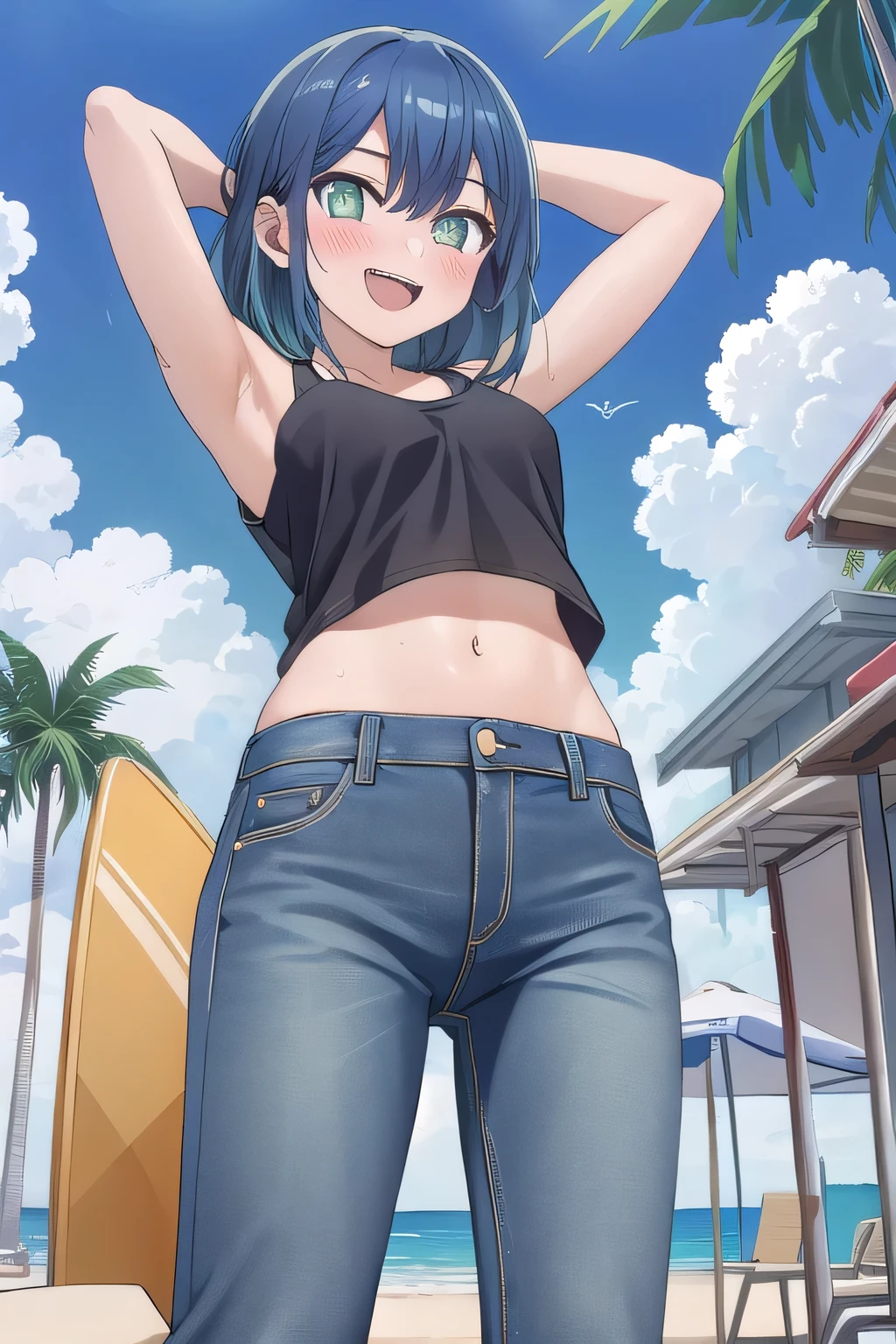 masterpiece,best quality,ultra detail,1girl, 14yo, petite, ((round face, ecstasy, orgasm face, drooping eyes, shame smiling, blush)), dropping eyes, sleepy, background((under the beach, (day:1.2), palm tree, bright sky)), akane kurokawa, bangs, (green eyes:1.3), blue hair, medium hair, dark blue hair, arms behind head, contrapposto, spread armpits, looking at viewer,, (white tank top:1.2), (white crop top:1.2), (jeans pants:1.2, flares jeans:1.2, skinny jeans:1.2, blue jeans:1.2), standing, (legs spread:1.2), sex pose, Sweaty crotch, Steam from the crotch, from below, full medium body