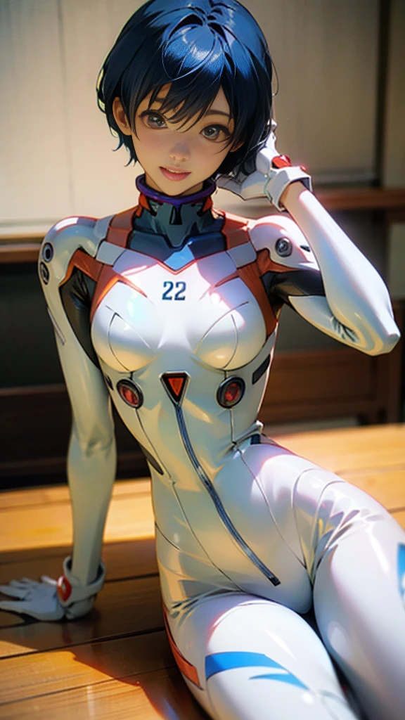 (8K, highest quality, masterpiece:1.2), (realistic, realistic pictures:1.37), Super detailed, 1 girl, ayanamirei, EVA00 plug suit, white gloves, Plug suit too close to the skin, complete limbs, beautiful girl, too small nose, ayanamirei, Plug suit whose fabric is too thin, city, perfect limbs, EVA00 plug suit, anatomically correct, Stocking material plug suit, short hair, wet transparent plug suit, eye color is reddish, excited look, really cute 11 year oldited nipples), Plug suit maweat-transparent material, Kneeling and open leg pose, Too cute small face, No underwear, nostrils are not visible, Crotch wet with sweat and love juice, insert a plug into genitals, too small nose