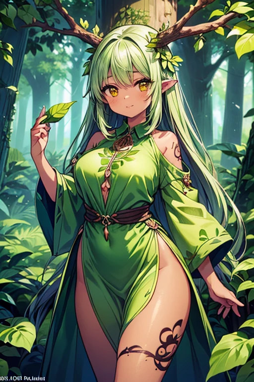 ( Better quality, very detailed,  masterpiece , official art,  detailed eyes ,  deep eyes :1.3)  sexy and attractive young woman  ), cowboy shot, ((,   long hair ,  green hair,  yellow eyes ,  large leaves on the head1 .5)), (girl plant, serene smile:1.2), Blush, (( intricate tattoos , green tattoos :1.3)), nature, ((leaf saia, leaf clothes, leaf dress,  clothes made of plants :1.6)), vines on the legs , (  dark brown skin  :1.3),  big and bulky breasts, ((fantastic, Myth, Tree Spirit, Tree of the World ,  fused with wood ,  deep forest background:1.3)),  Photograph underneath ,breasts grandes, breasts, 