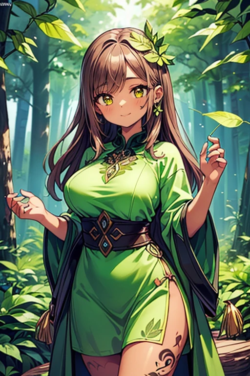 ( Better quality, very detailed,  masterpiece , official art,  detailed eyes ,  deep eyes :1.3)  sexy and attractive young woman  ), cowboy shot, ((,   long hair ,  green hair,  yellow eyes ,  large leaves on the head1 .5)), (girl plant, serene smile:1.2), Blush, (( intricate tattoos , green tattoos :1.3)), nature, ((leaf saia, leaf clothes, leaf dress,  clothes made of plants :1.6)), vines on the legs , (  dark brown skin  :1.3),  big and bulky breasts, ((fantastic, Myth, Tree Spirit, Tree of the World ,  fused with wood ,  deep forest background:1.3)),  Photograph underneath ,breasts grandes, breasts, 