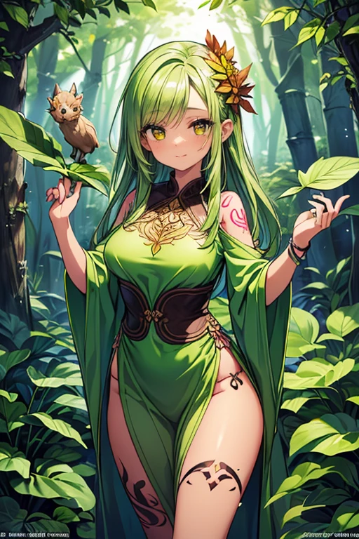 ( Better quality, very detailed,  masterpiece , official art,  detailed eyes ,  deep eyes :1.3)  sexy and attractive young woman  ), cowboy shot, ((,   long hair ,  green hair,  yellow eyes ,  large leaves on the head1 .5)), (girl plant, serene smile:1.2), Blush, (( intricate tattoos , green tattoos :1.3)), nature, ((leaf saia, leaf clothes, leaf dress,  clothes made of plants :1.6)), vines on the legs , (  dark brown skin  :1.3),  big and bulky breasts, ((fantastic, Myth, Tree Spirit, Tree of the World ,  fused with wood ,  deep forest background:1.3)),  Photograph underneath ,breasts grandes, breasts, 