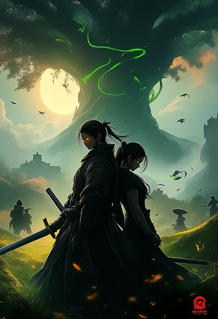 An anime-style illustration set in a breathtaking post-apocalyptic world on the brink of renewal. In the foreground, Kian and Lira stand back-to-back on a grassy hill, symbolizing their connection and shared sacrifice for the world.
Kian, standing tall, has his dark brown hair slightly messy and a worn battle cloak fluttering in the wind. His golden eyes glow faintly as he gazes forward with determination, holding a shard of the Evolution Core in his hand. The shard emits a soft green and golden light, casting a radiant glow on his scarred yet resolute face.
Behind him, Lira stands gracefully, her long black hair with green-tinted tips flowing in the wind. Her form is semi-translucent, blending into the scenery, symbolizing her sacrifice and eternal connection to the world. Her emerald eyes look over her shoulder, filled with quiet strength and serenity. Green, glowing vines wrap around her arms and feet, extending into the earth and connecting her to the massive tree in the distance.
In the midground, villagers and Evarics work together in harmony, rebuilding homes and cultivating land. The background features a massive, ancient tree with glowing green vines coiled around its trunk, standing as a symbol of life and hope. The tree emanates a soft, magical light that illuminates the barren landscape, slowly being reclaimed by nature.
The sky above transitions dramatically from dark storm clouds on one side to a vivid, golden dawn on the other, symbolizing the shift from despair to hope. Subtle rays of light from the crystal shard and the tree create a magical, ethereal atmosphere, emphasizing themes of sacrifice, unity, and rebirth. Kian and Lira’s contrasting yet harmonious postures represent the weight of the past and the hope for the future they have forged together