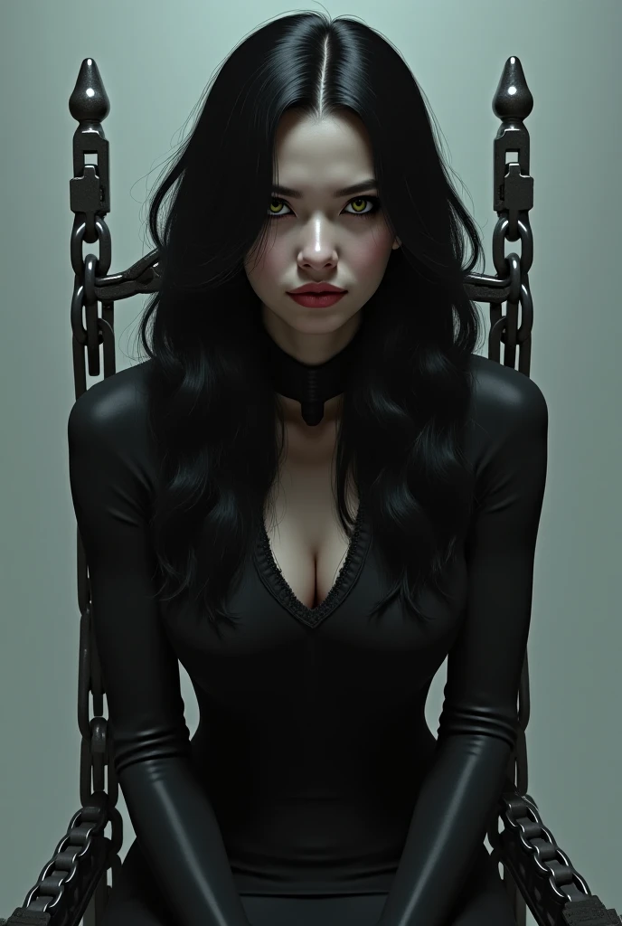 indian women, aged 25, white skin, long black hair, horse jockey black tight dress, full sleeve black, black tights, black pants, black boots, black gloves, rolex watch, standing, looking straight, shackles, bound, bondage, Chained, Arms chained above head handcuffed to ring on the wall, wall mounted chained chain,