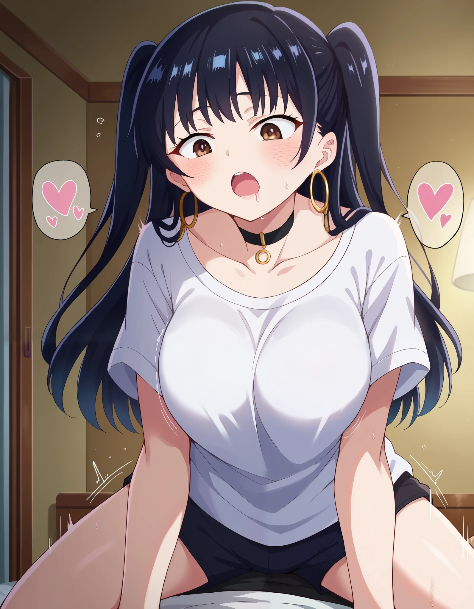 score_9, score_8_up, score_7_up, source_anime, annayamada, anna yamada, 1girl, anna yamada, long hair, bangs, night, indoors, room, Anna twintails, two side up, jewelry, hoop earrings, choker, black hair, black shorts, solo, t-shirt, short shorts, shorts, brown eyes, breast, large breast, black choker, blush, long hair, collarbone, white t-shirt, hood, drawstring, twintails, cowboy shot, 1boy, sex, cowgirl position, girl on top, straddling, open mouth, :o, looking down, drooling, leaning forward, trembling, spoken heart, motion lines, N0R3AL_PDXL