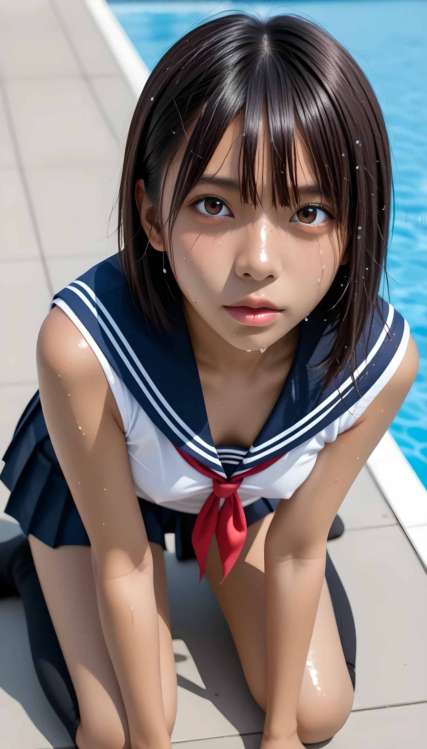  Wet 1 Japanese Female  Student 、masterpiece 、  top quality  、 Super high resolution、 realistic、 beautiful lighting arranged in an orderly manner、  RAW photos 、4K Ultra HD、  super detailed face、Clear Face、Detailed eye、 beautiful eyes、( looks up、Gaze sideways)、1080P、 tan dark skin 、 black hair,   wet hair、 short bob cut , bangs、 Ponytail、 horny 、 young gravure idol who lost weight、、 red headband、 white gloves、(((Firm small breasts、Separated Breasts 、 tight breasts)))、((( wet hair )))、(( blue sky、small outdoor pool 、 blur background))、(((Wet Japanese Female Middle Schoolavy sailor color 、 with both shoulders out 、 wet pleated skirt 、 black knee socks、Wear black shorts)))、 Japanese Female Middle School Student Weart School Uniform、 break ( messy bun  ) break, ((Cross-legged pose、 full body shot ))break ((( EXTREME FACE UP SHOT ,  viewers, the above ))),( perfect anatomy)、 break ((Upper eyelid))、((( midi skirt)))、 thin beautiful thighs 、 beautifully manicured hair 、 oily skin 、Five fingers