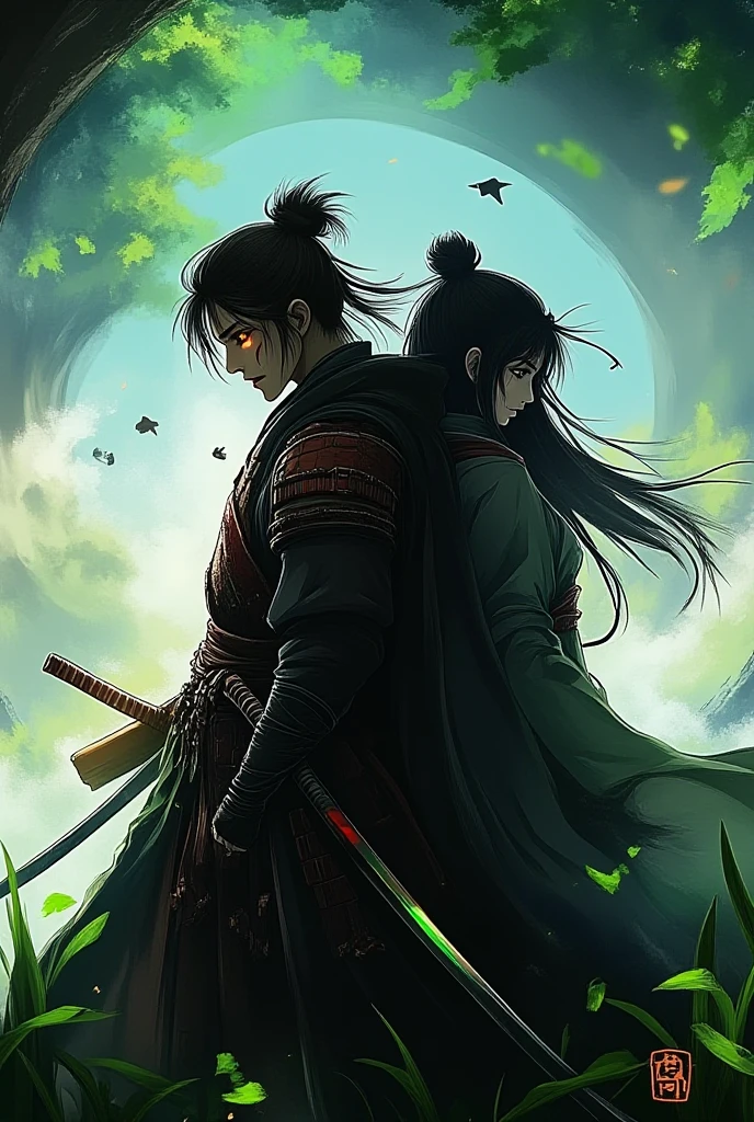 An anime-style illustration set in a breathtaking post-apocalyptic world on the brink of renewal. In the foreground, Kian and Lira stand back-to-back on a grassy hill, symbolizing their connection and shared sacrifice for the world.
Kian, standing tall, has his dark brown hair slightly messy and a worn battle cloak fluttering in the wind. His golden eyes glow faintly as he gazes forward with determination, holding a shard of the Evolution Core in his hand. The shard emits a soft green and golden light, casting a radiant glow on his scarred yet resolute face.
Behind him, Lira stands gracefully, her long black hair with green-tinted tips flowing in the wind. Her form is semi-translucent, blending into the scenery, symbolizing her sacrifice and eternal connection to the world. Her emerald eyes look over her shoulder, filled with quiet strength and serenity. Green, glowing vines wrap around her arms and feet, extending into the earth and connecting her to the massive tree in the distance.