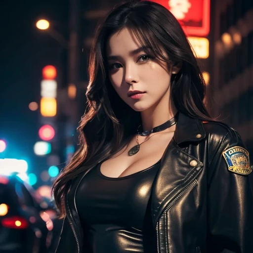 Body of woman with large breasts, European, 30 years old, wearing police uniform, night, a cyberpunk dystopian city with neon signs and signs
