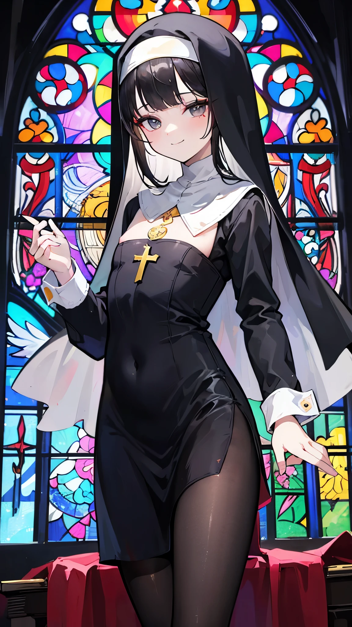 Nun, nun dress, sexy, big thighs, black hair, yellow eyes, eye patch