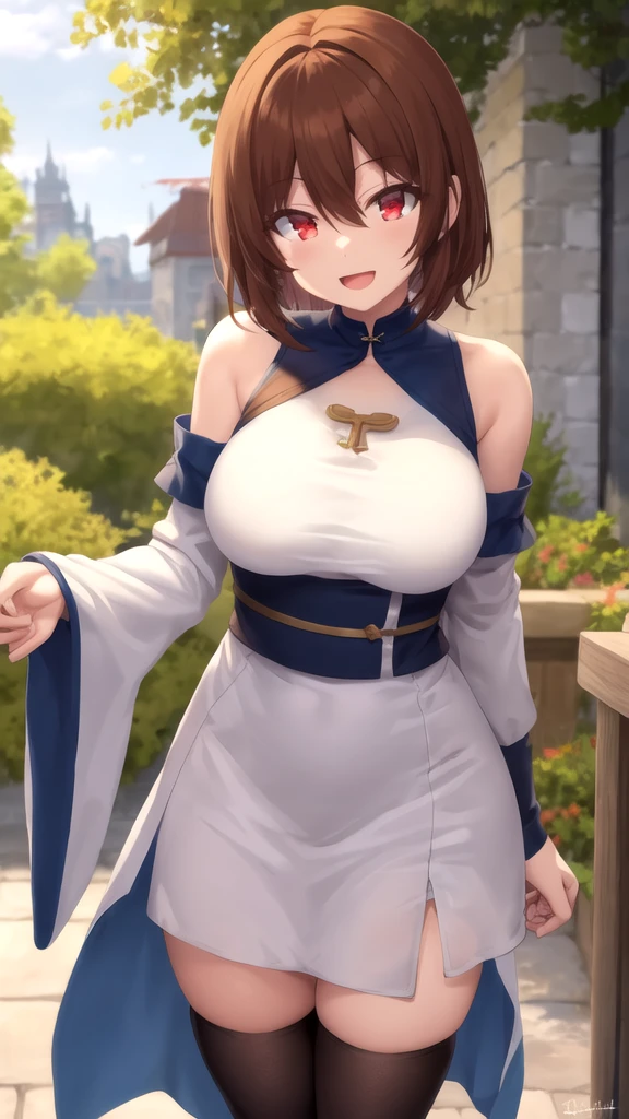 masterpiece, best quality, high quality, girl, solo, looking at viewer, keyaru_kaifuku_jutsushi, brown hair, red eyes, hair between eyes, large breasts, white dress, detached sleeves, blue thighhighs, standing, outdoors, smile, open mouth 