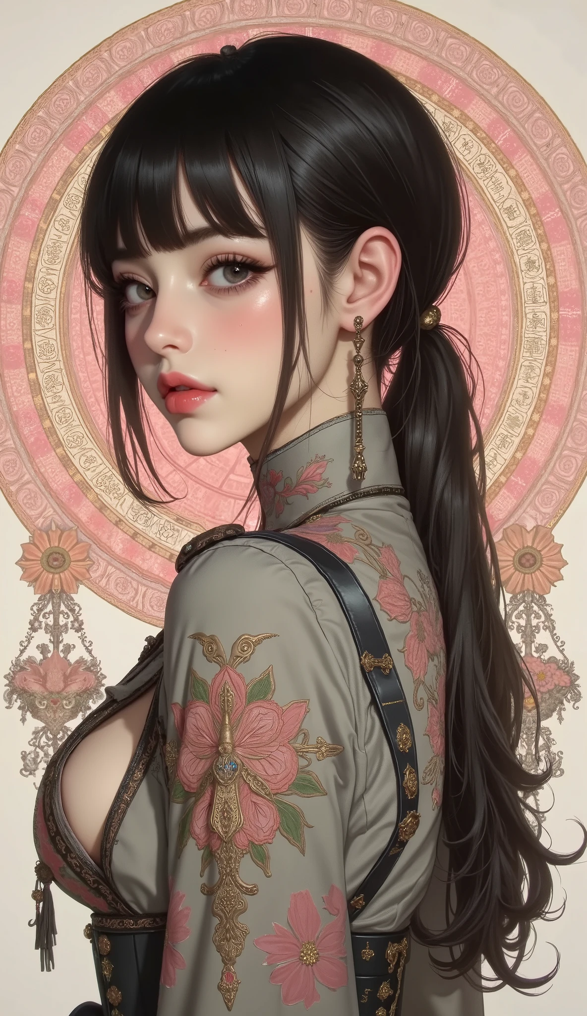 Famous Paintings、 top quality、woman、Freckles、 princess cut、揃えたbangs、 black hair、bangs、I can see my teeth being straightened with a smile、 profile、 upper body、Shrine maiden costume、 Big Bust 、 facing the front、pastel mandala collage background、front、solo、