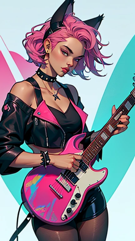 Background, In chic boho style, in club, Ice cream print, multi-colored neon lights, neon garlands, rose hair, mixed-language_SMS, Japanese, (beautiful and clear background:1.2),, fantastic paintings ,graffit style, high detailed eyes , underwear, lace, latex, Pink, Purple, mint, Blue, Yellow, belve, lavender hair, Skull Print, body piercings, Loving, Love, ultra detail hair, Masterpiece, Best Quality, hiquality, hight resolution, detail enhancement, ((most beautiful image in the world)), Masterpiece, Best Quality, hiquality, hight resolution, detail enhancement, ((most beautiful image ), Shiny pink degrade hair, Ultra Short Fitted Stampa, art by stjepan sejic, art by j scott campbell, Artist Guillem March, art by citemer liu, 4k, hight resolution, comic book character, comic, high quality detailed,   style of ::2.0 comix illustration style,tatoon style, hiquality, hight resolution, detail enhancement, 8K, HD, Best Quality, hiquality, hight resolution, detail enhancement, 8K, HDR, sharp-focus, Ultra Detailed, perfect  lighting, Curvy Body, Lush breasts, Curvy hips, skull print on clothes, rock, rock star, Cool,black leather jacket with skull print, style of, spikes, Punk Rock, Wolf, Cat's ears, Cool bracelets, Choker, calavera, gotik, Short shorts, fishnet pantyhose,  (((plays the guitar))) plays the electric guitar, Plays, electric guitar, musician, guitarist, neon strings, virtuoso, Heart Print, Heart, glares, Multi-colored highlights, disco, cacti,  Succulents,