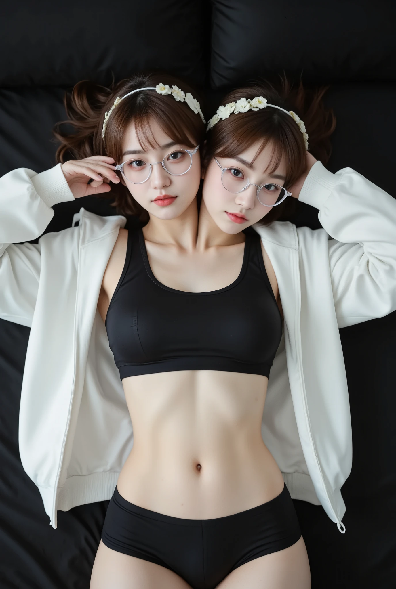 (two heads and two necks on the same shoulders). Conjoined woman with two heads. Real photo of a 24 year old Japanese girl with fair skin and beauty lying on her back on a black bed , Her entire body faces the camera, both arms straight up and both legs straight down,wearing a black Calm Kelvin short sports bra and black Calm Kelvin panties, wearing a white jacket, small navel, wearing white glasses, wearing a white belt on his pants , wearing a white flower headband, his gaze looks into the camera, the area around the navel is wide, sexual facial expressions, with raising both eyebrows and flushed cheeks and mouth saying "Ah", furrowing her brow