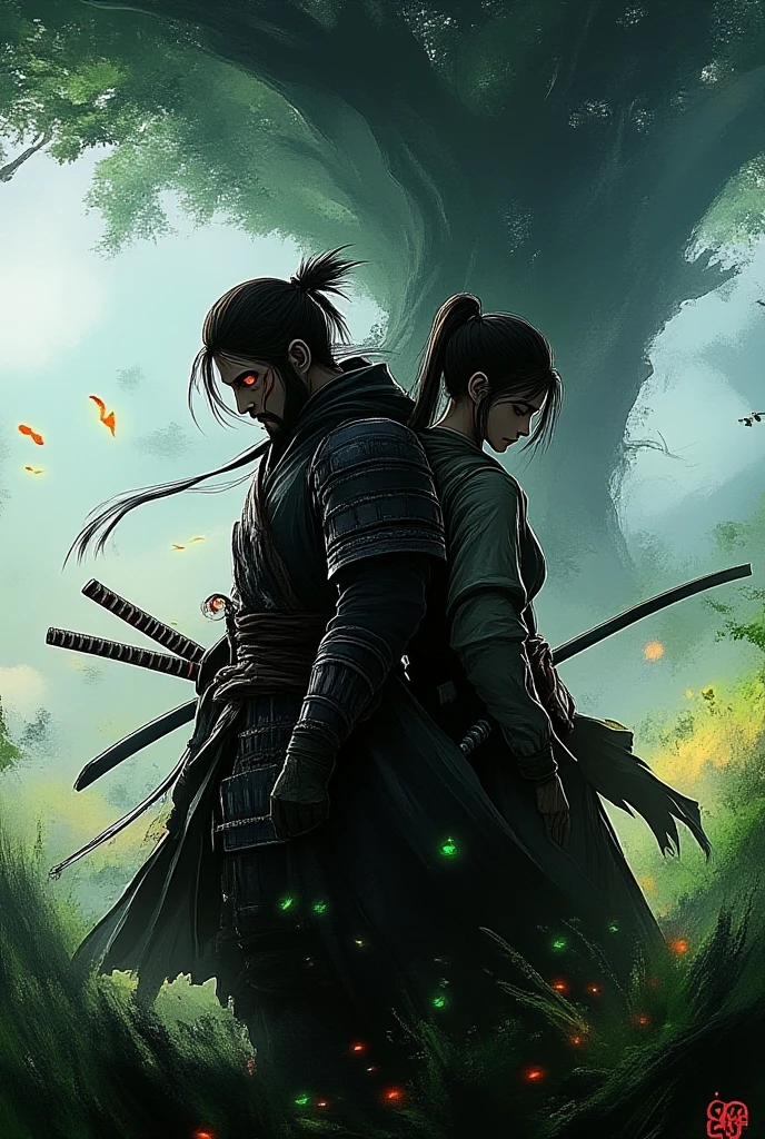 An anime-style illustration set in a breathtaking post-apocalyptic world on the brink of renewal. In the foreground, Kian and Lira stand back-to-back on a grassy hill, symbolizing their connection and shared sacrifice for the world.
Kian, standing tall, has his dark brown hair slightly messy and a worn battle cloak fluttering in the wind. His golden eyes glow faintly as he gazes forward with determination, holding a shard of the Evolution Core in his hand. The shard emits a soft green and golden light, casting a radiant glow on his scarred yet resolute face.
Behind him, Lira stands gracefully, her long black hair with green-tinted tips flowing in the wind. Her form is semi-translucent, blending into the scenery, symbolizing her sacrifice and eternal connection to the world. Her emerald eyes look over her shoulder, filled with quiet strength and serenity. Green, glowing vines wrap around her arms and feet, extending into the earth and connecting her to the massive tree in the distance.