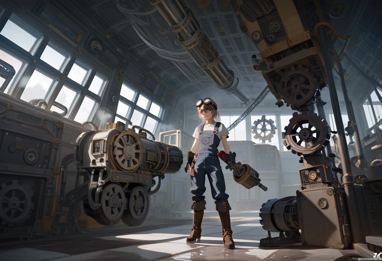 (Best quality, 4k, Masterpiece :1.3), 1girl, (steampunk), scenery, steampunk room engine, repairing engine, gears, cogs, steam, boots, overalls, goggles, dirty face, standing, machinery, oil on floor, dirty floor